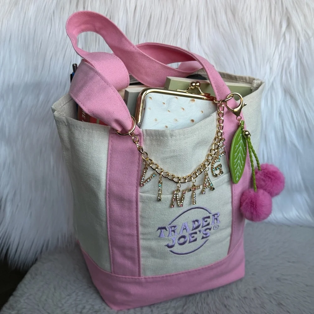 2026 Limited Edition Trader Joe’s Mini Pink Canvas Tote ‘VINTAGE’ & Cherry Charm - Picture 10 of 11